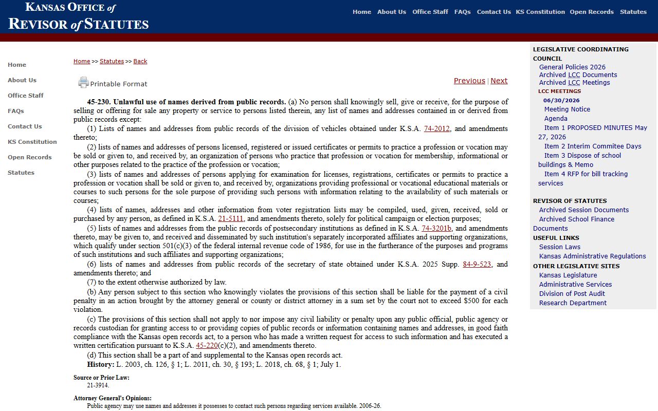 Kansas statute prohibiting certain commercial use of name and address lists