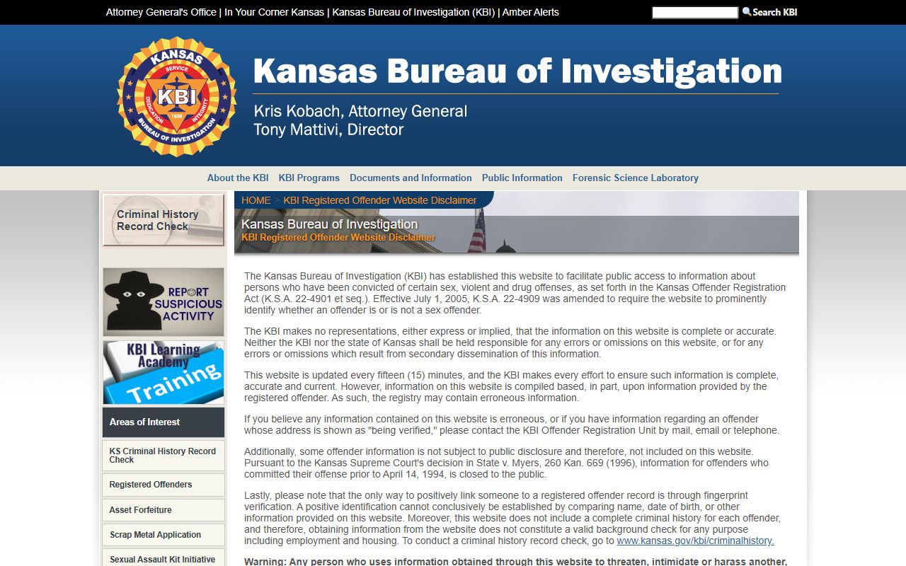 Elk County criminal court records KBI registered offender search