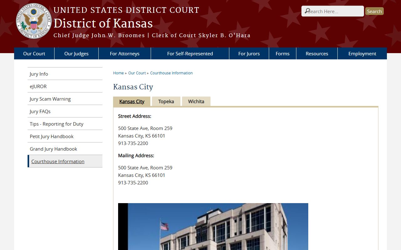 District of Kansas Kansas City federal courthouse page
