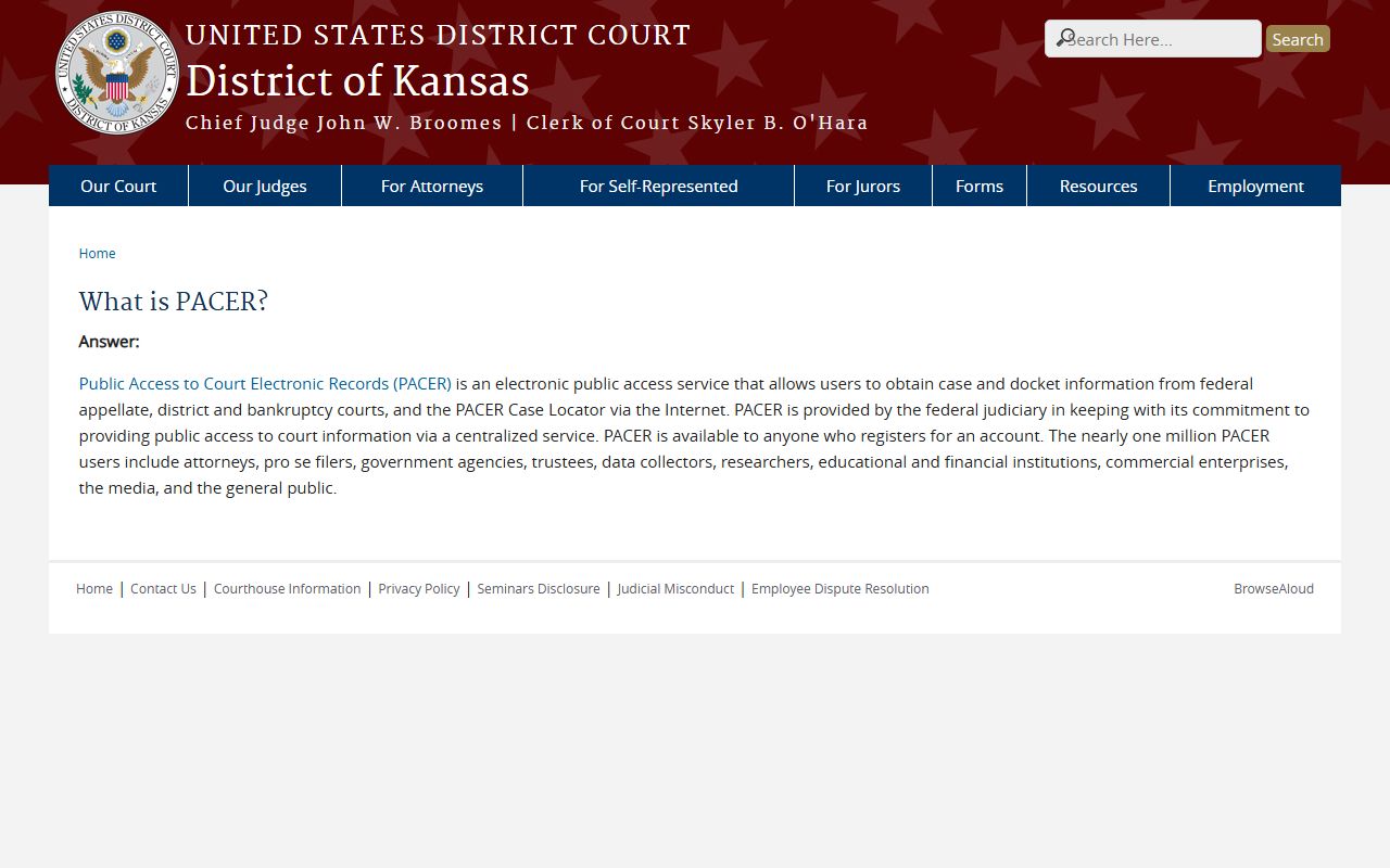 District of Kansas PACER explanation page