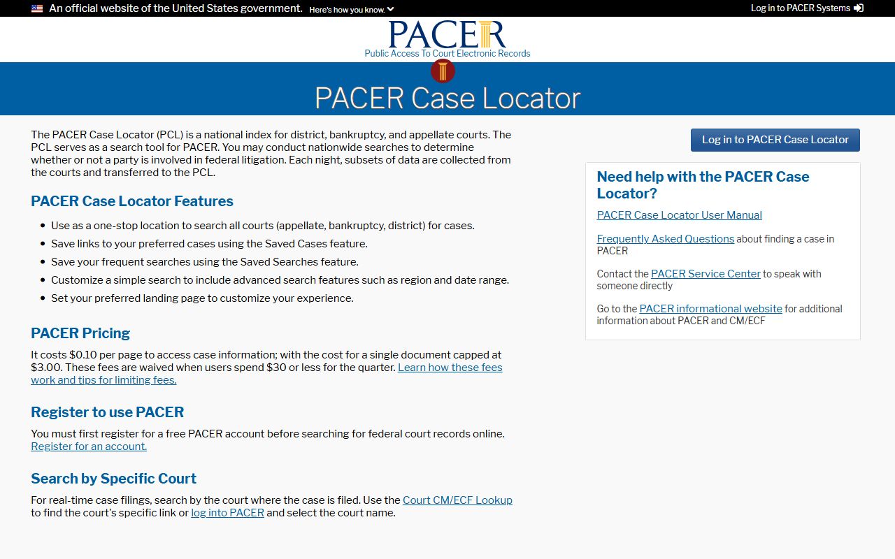 PACER Case Locator page