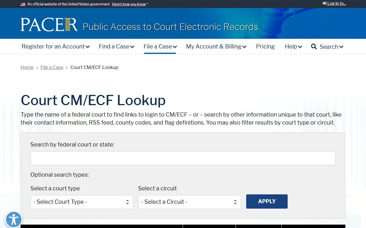 PACER court CM ECF lookup page
