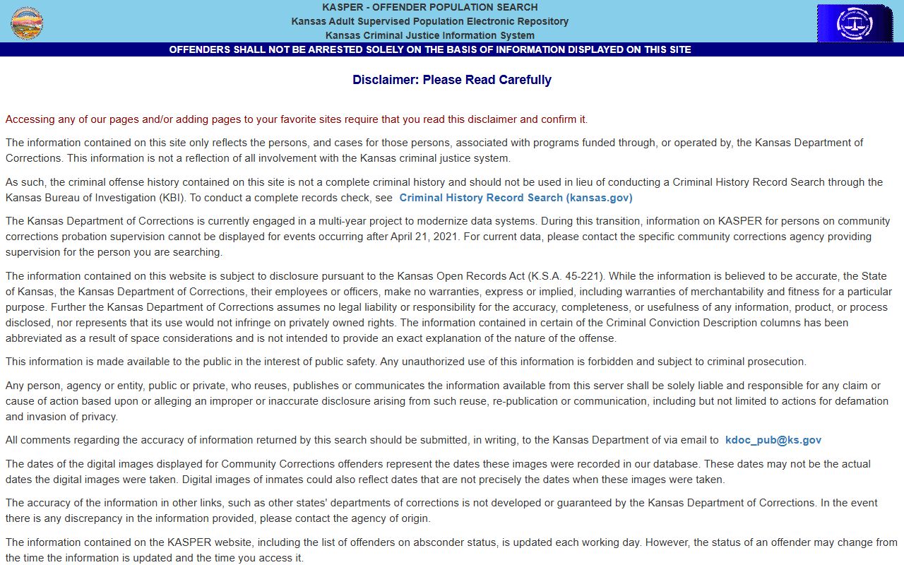 Elk County inmate search KDOC KASPER page
