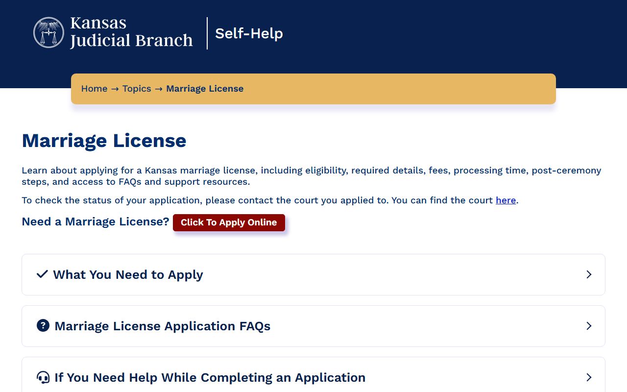 Kansas Judicial Branch online marriage license page