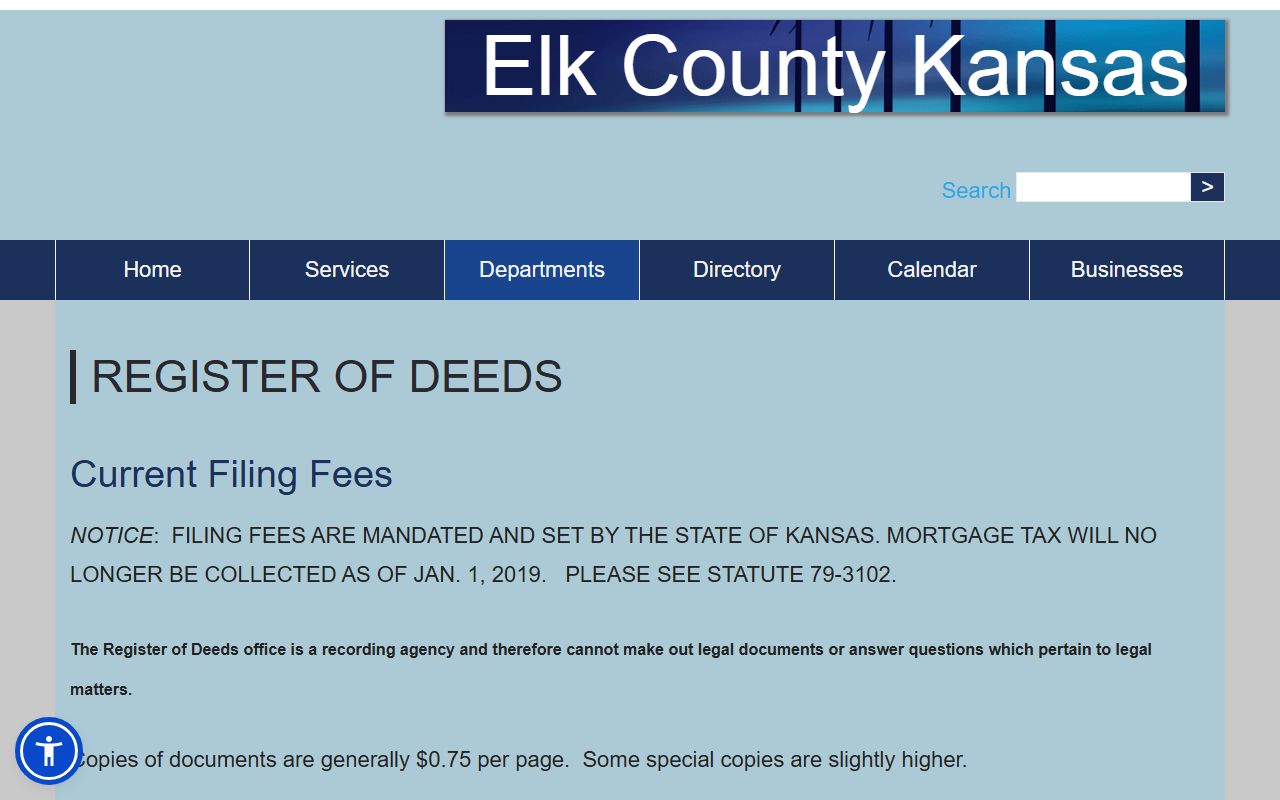 Elk County Register of Deeds filing fee page