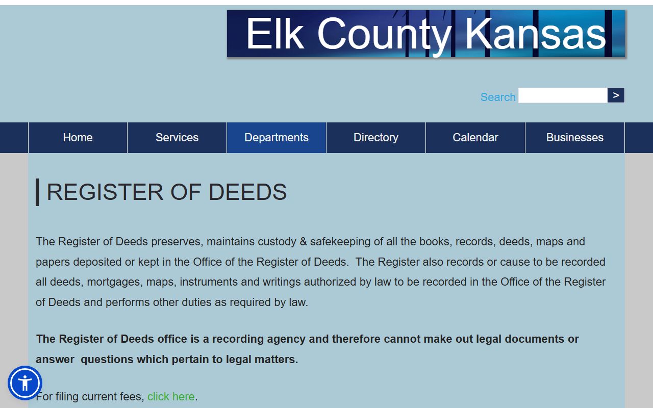 Elk County Register of Deeds page with historical record categories