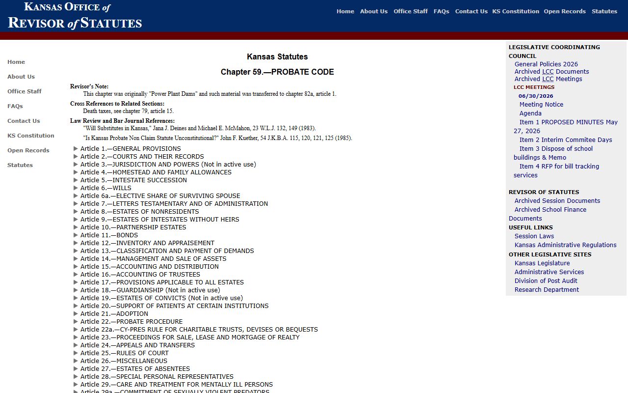 Kansas Probate Code Chapter 59 index