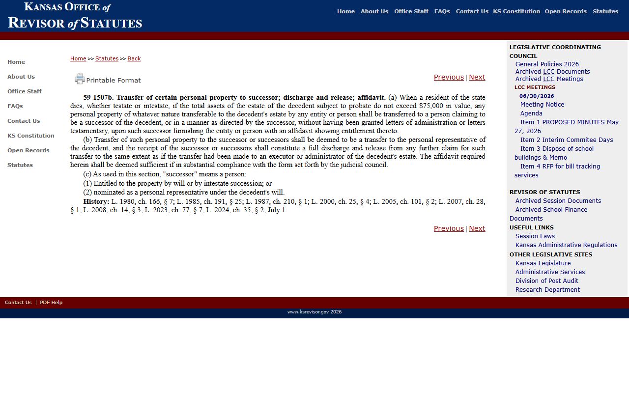Kansas small-estates affidavit statute page