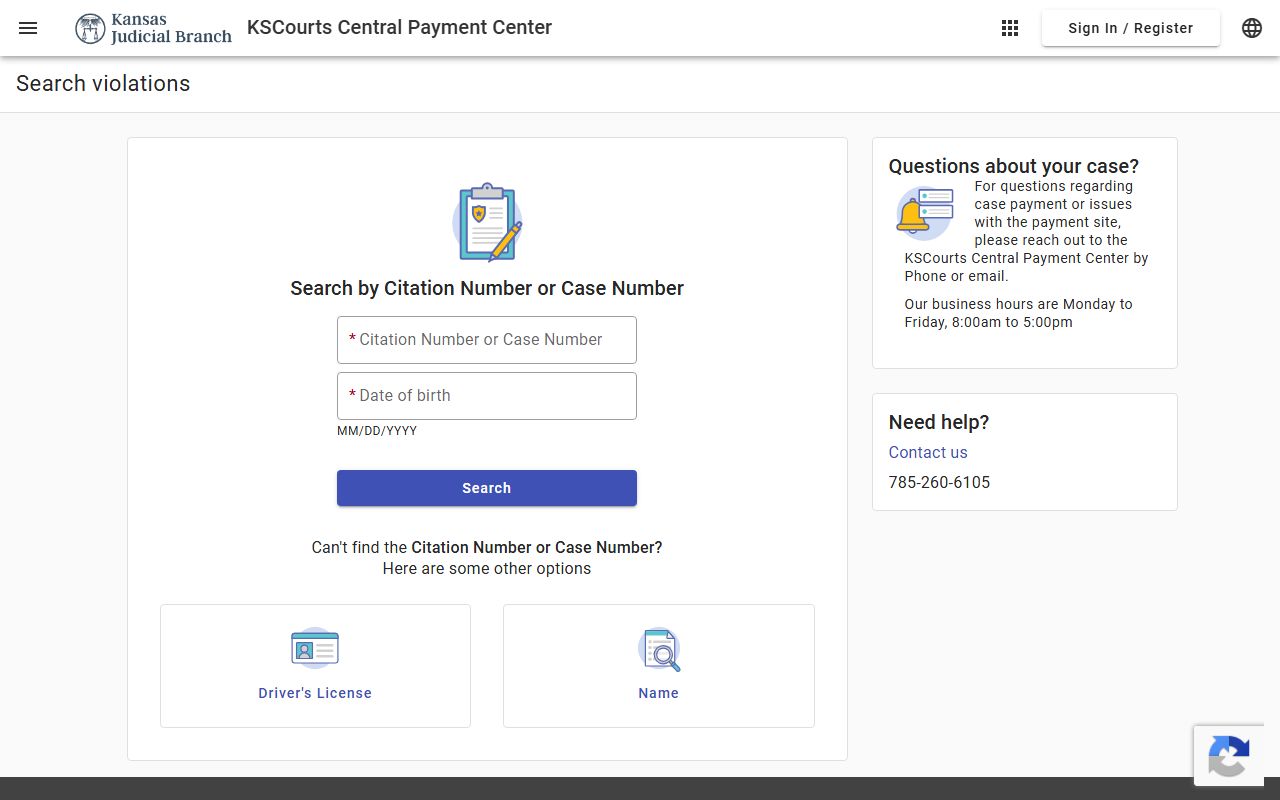 KSCourts Central Payment Center traffic citation search interface