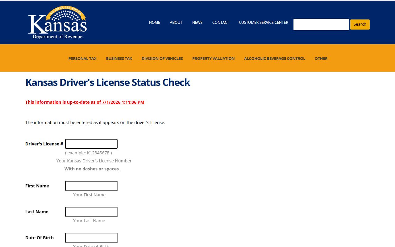 Kansas Department of Revenue driver's license status check