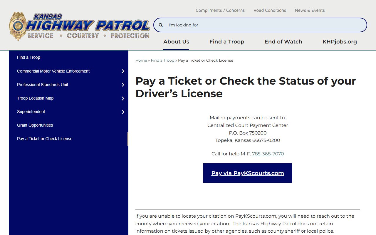 Kansas Highway Patrol page about paying a ticket or checking license status
