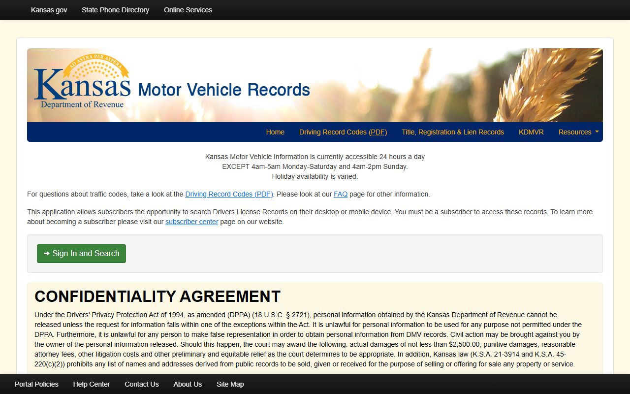 Kansas.gov motor vehicle records subscriber portal